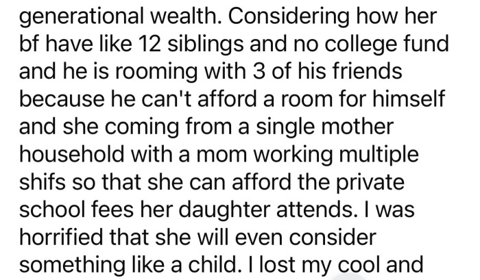 The friend's boyfriend also doesn't come from a wealthy family and has 12 siblings.