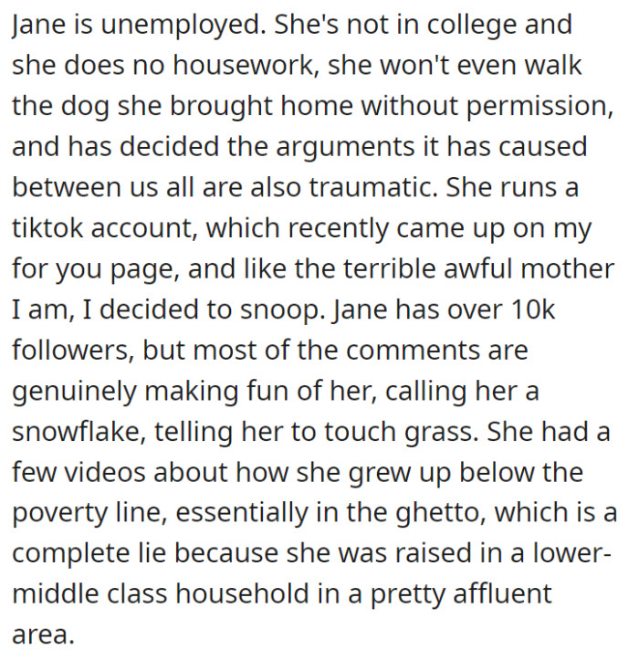 The daughter literally does nothing all day—no work, no chores. Instead, all she does is post on her TikTok account, which has over 10k followers, making videos badmouthing her mom and spreading lies about their life.
