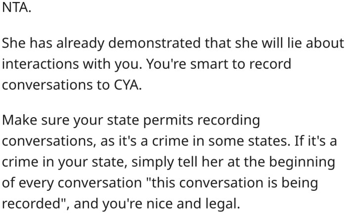 7. She should continue recording her mother-in-law as long as it's legal.