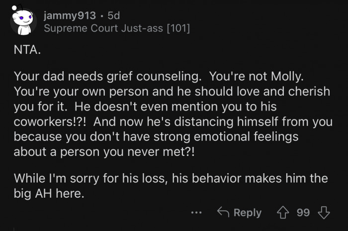 The father should love and cherish OP for who she is.