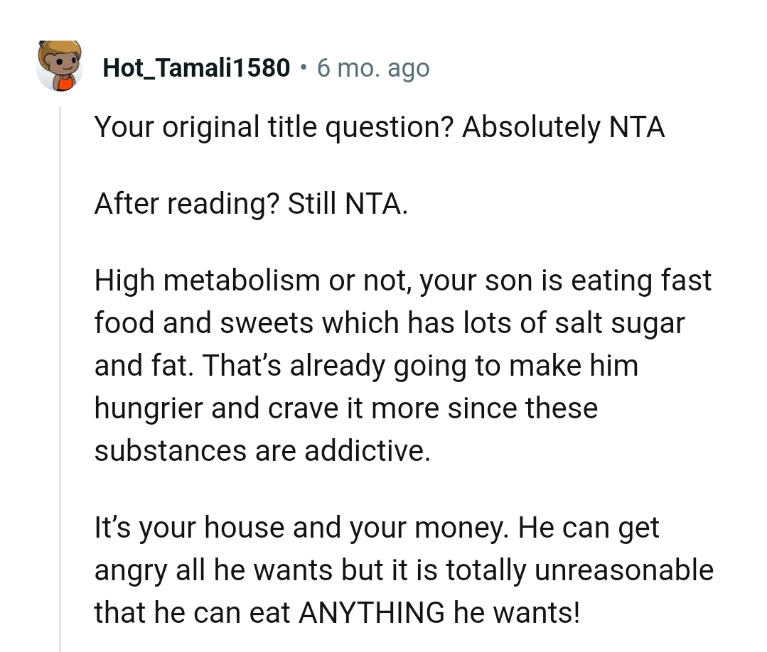 OP's son is eating fast foods and sweets