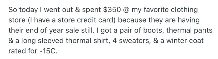 OP went to her favorite clothing store and bought clothes worth $350