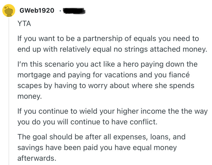 “If you want to be a partnership of equals you need to end up with relatively equal no strings attached money”