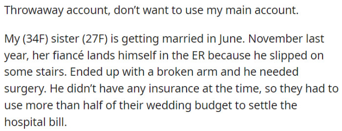 Sister's June wedding is in jeopardy as fiancé's costly accident last year drained their wedding budget due to lack of insurance.