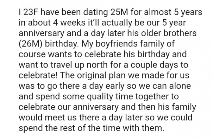 The OP's original anniversary plan with her boyfriend is being interrupted by the mom's plans