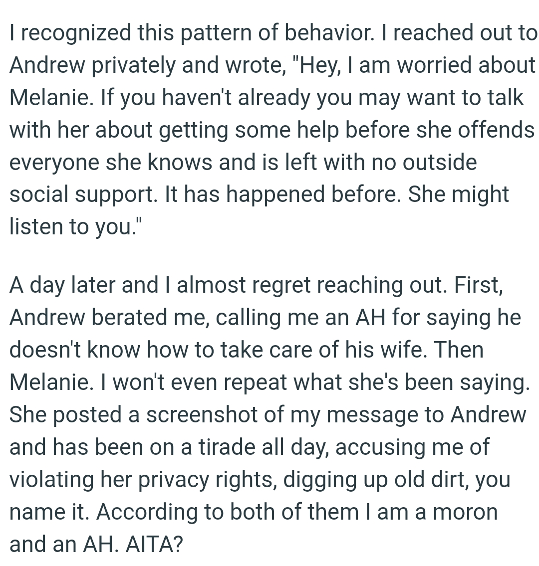 OP's ex posted a screenshot of his message to Andrew and has been on a tirade