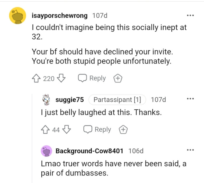 OP's BF should have declined her invite