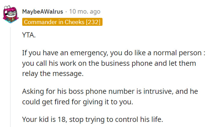 Asking for the boss's number is intrusive and could jeopardize the child's job.