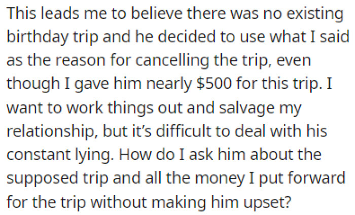 OP now believes that there's no birthday trip at all