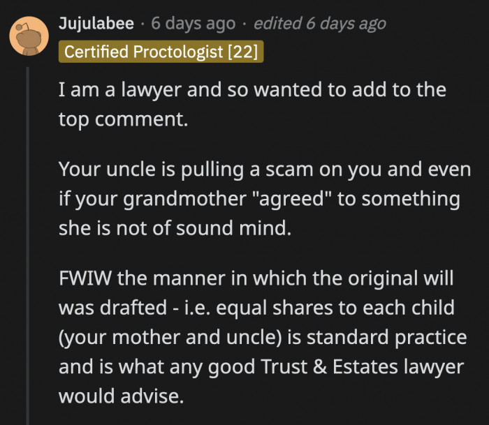A lawyer advised OP why his uncle's intimidation should alarm him.