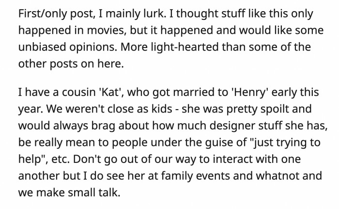 Was OP an a**hole for omitting that Chris was Henry's boss and letting her cousin Kat run her mouth off? Read her full story below: