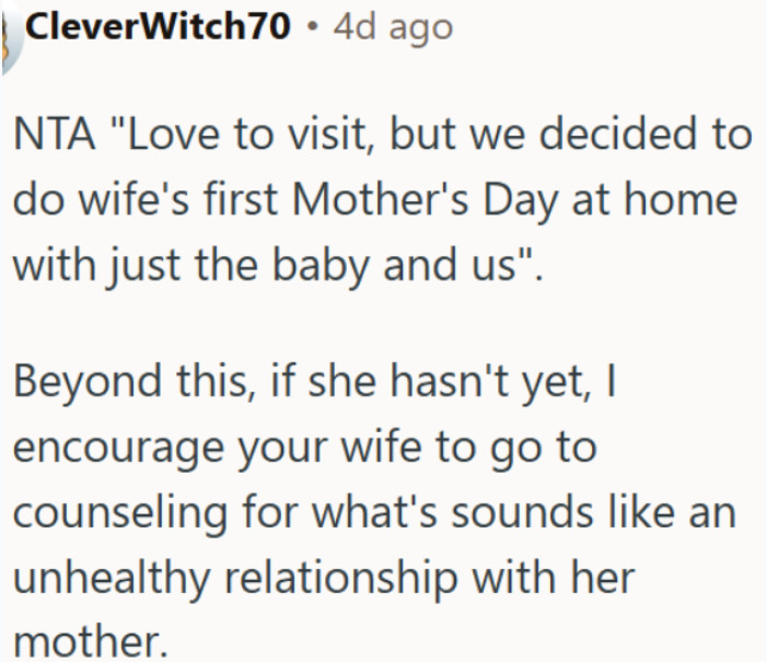 A wife's first Mother's Day belongs to her own little family, not her mother