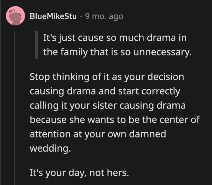 All this drama surrounding her wedding has nothing to do with her. It's her SIL who should feel bad.