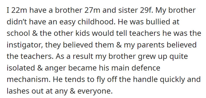 A 22-year-old describes their 27-year-old brother's tough childhood with bullying, false accusations, and isolation, resulting in him developing a quick temper and frequently lashing out in anger.