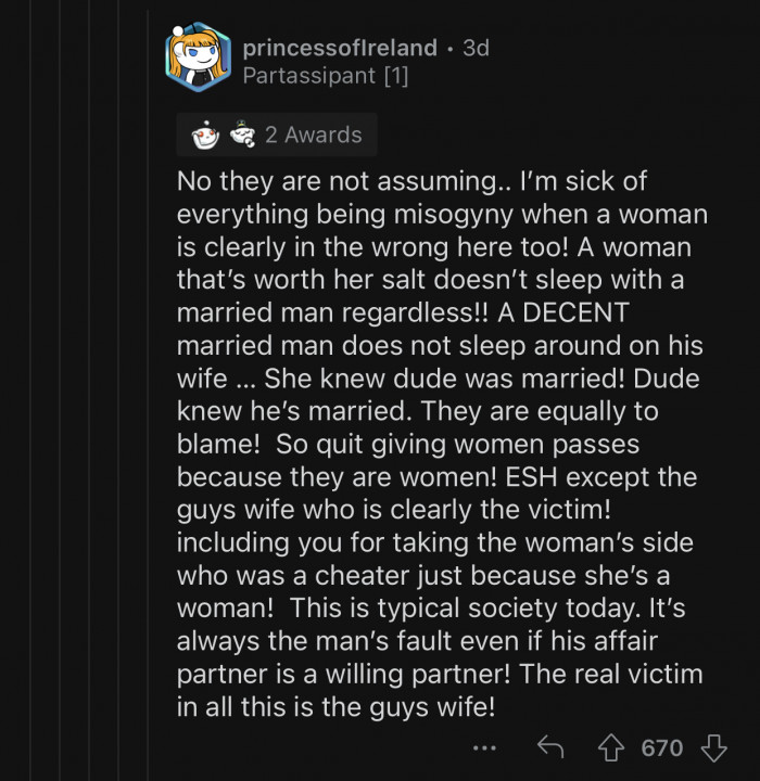 Everyone sucks here except for the married man's wife, who's clearly the victim.