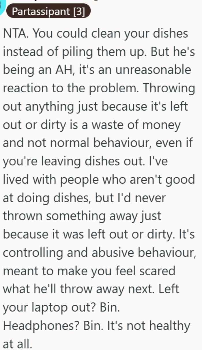 A partner who throws away your things over chores is showing a dangerous pattern