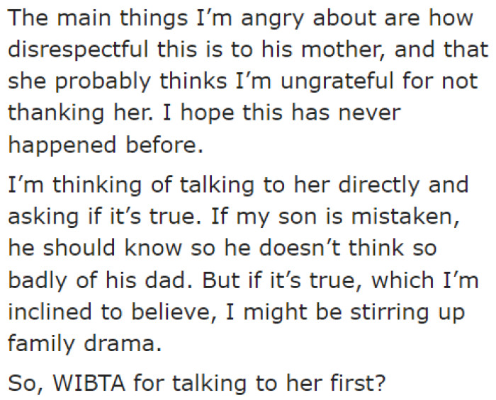 The OP wants to ask her ex-MIL about it, but at the same time, she doesn't want to stir up family drama.