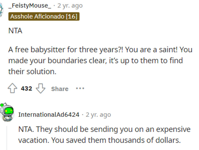 Some people were focused on the fact that she babysat for free for three whole years already.