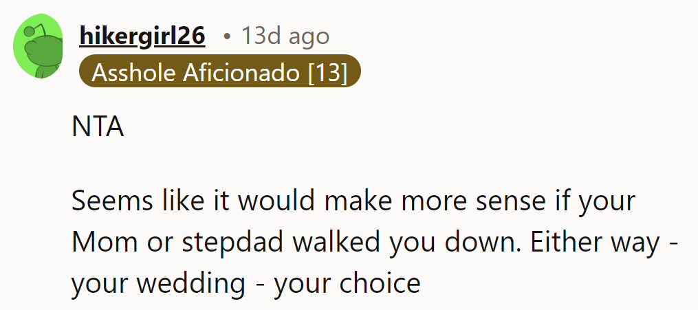 Her wedding, her choice—Mom or stepdad might be a better fit. She's NTA.
