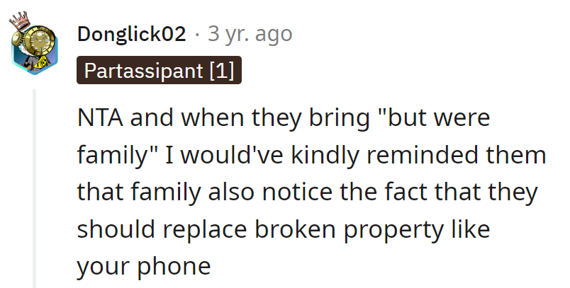 Family should replace broken items, not just play the 'family' card.