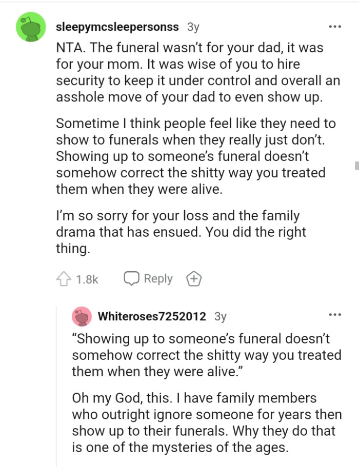 The funeral wasn't for the OP's dad, but for his mom