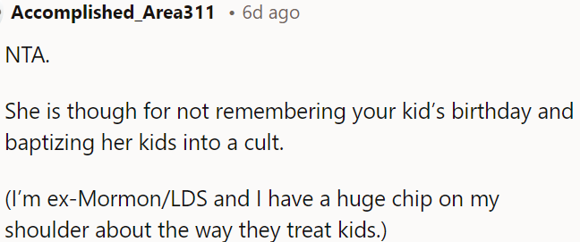 She should remember OP's child's birthday and not organize the baptism on the same day.