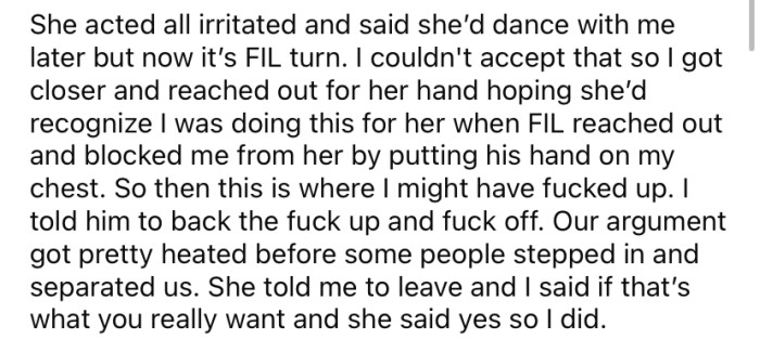 When the OP tried to force the situation, an argument broke out with his daughter's FIL.