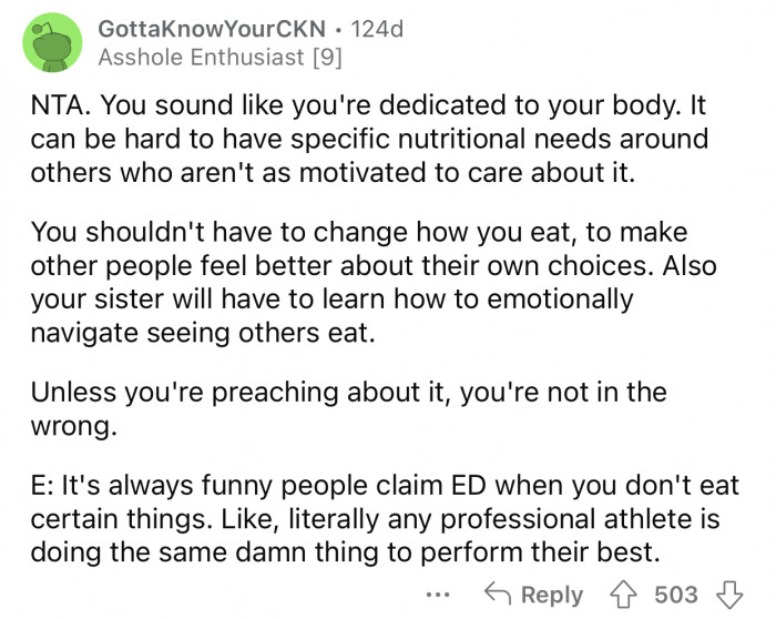 Here's how the Reddit community reacted to u/anorexic_sisterAITA's post: