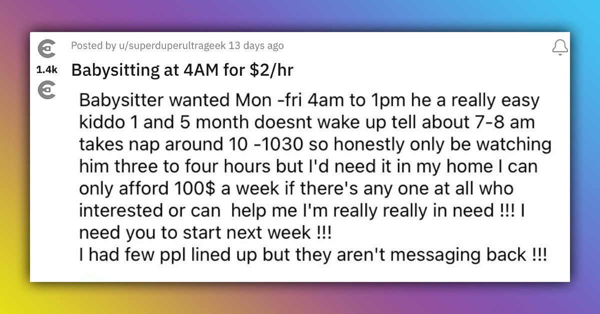 Woman Shares Absurd Babysitting Post From Online Forum - $100 For Five Nights A Week