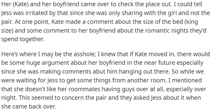 Aware of potential conflict, OP mentioned to Kate that Jess doesn't allow roommates to have guys over, especially overnight