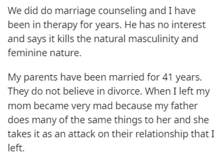 OP's parents don't believe in divorce, which somewhat explains their behavior