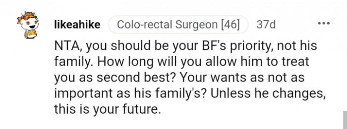 Your wants aren't as important as his family's?