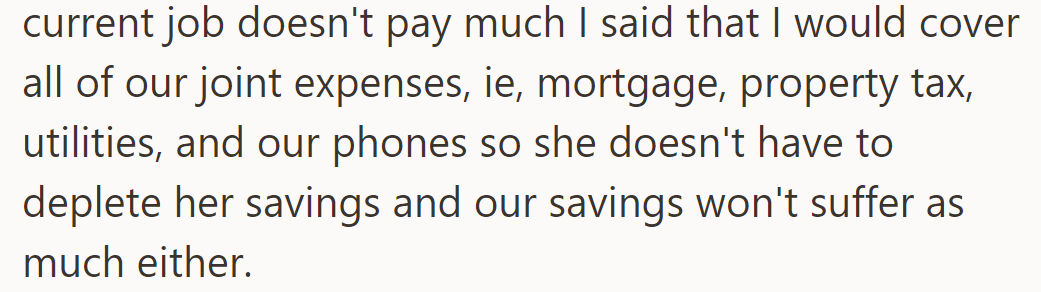 He covers all joint expenses to ease the strain on her low-paying job and preserve their savings.