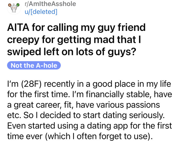 Here's the original Reddit post by a Redditor who later deleted her account:
