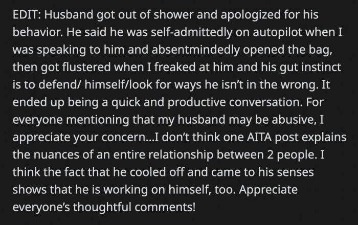 OP updated after a while and shared that her husband apologized to her after he cooled down.