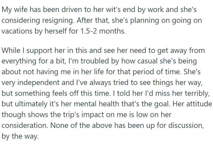 OP's wife, stressed and weary from work, is considering resigning and planning a solo vacation for 1.5 to 2 months.