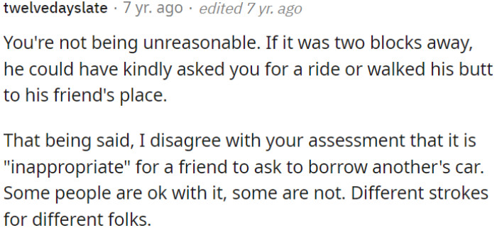 OP Is Not Being Unreasonable for Refusing to Lend His Car to a Friend, Even If the Friend's Destination Is Not Far Away