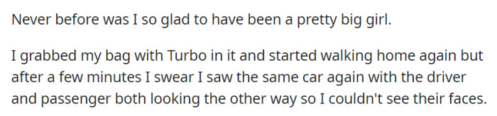 Grateful for their size, OP walked home with Turbo, and later, they spotted the same car with its occupants avoiding eye contact, adding an air of mystery to the situation.