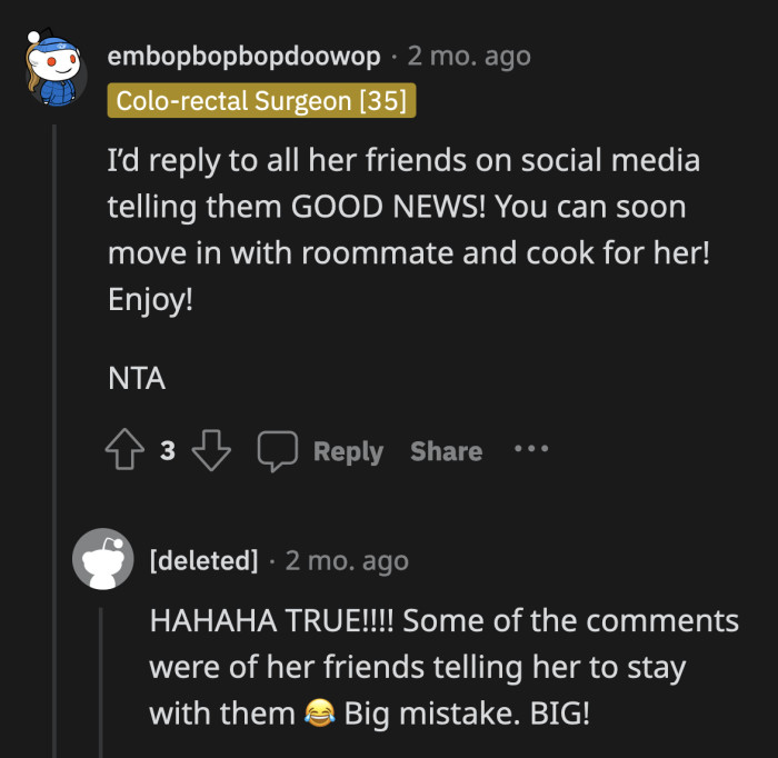 Her roommate's defenders can all live with her and experience the joy of her entitlement