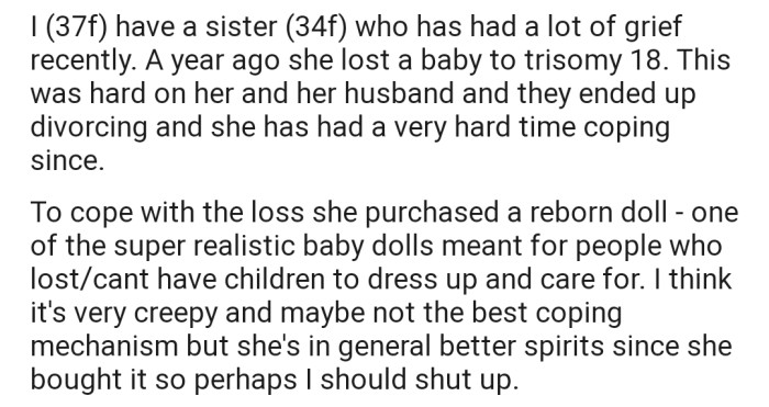 OP's sister went through the pain of losing a child and going through a divorce. So, to cope with the grief, she got herself a super realistic doll.