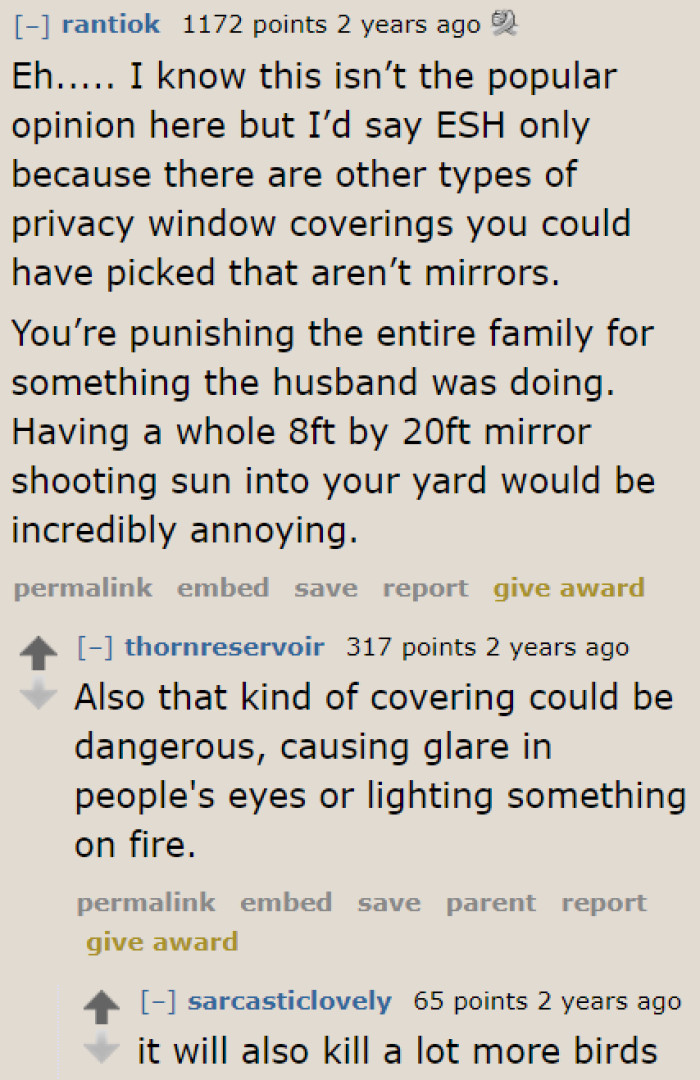 This user didn't like that she involved the entire family instead of just punishing the husband.