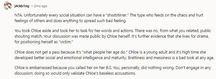 NTA. Chloe is part of the reason why “Karen” is a useless term—it’s been weaponized against any woman who speaks up, even when she’s righteous.