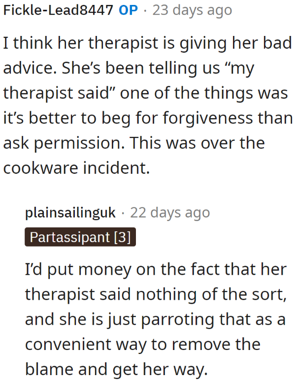 The therapist's advice is just an excuse to get away with what she did to the house.