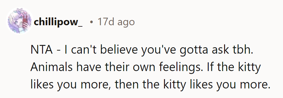 NTA—it’s surprising they need to ask. Animals have feelings too; if the kitty likes them, it just does!