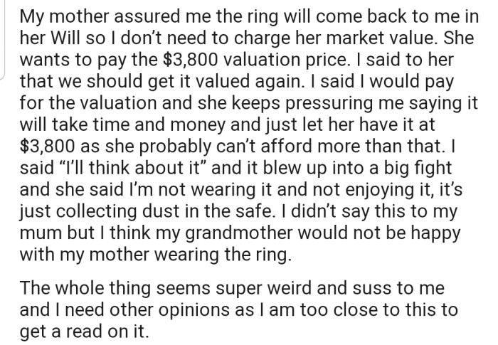 The problem is, OP's mom wants to pay the 1998 valuation of the ring