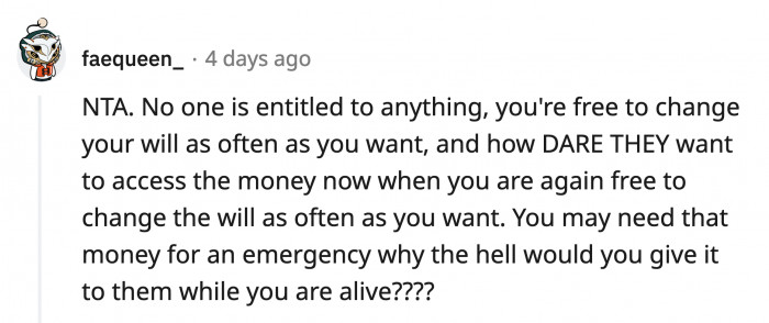 They even want OP to set up a trust so they can access the cash. If she doesn't, they will blame her if their kids can't have the life they deserve (which their parents can't provide)