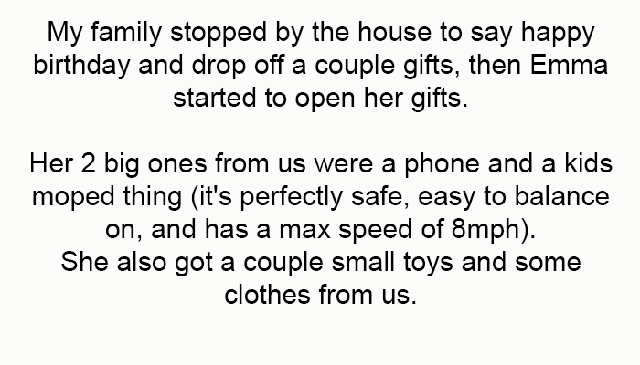 Her two big gifts from us were a phone and a kids' moped.