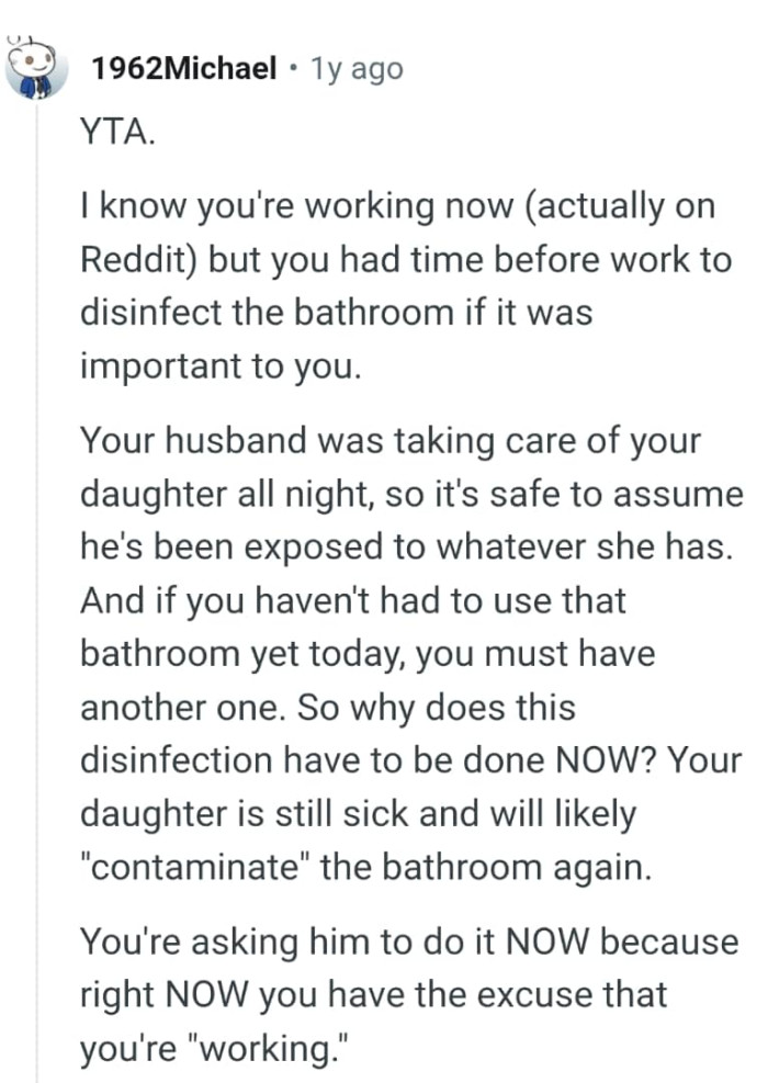 OP's husband took care of their daughter the whole night