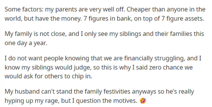 OP even gave us some more details to help us get an idea of their dynamic and just what is going on during the holidays.