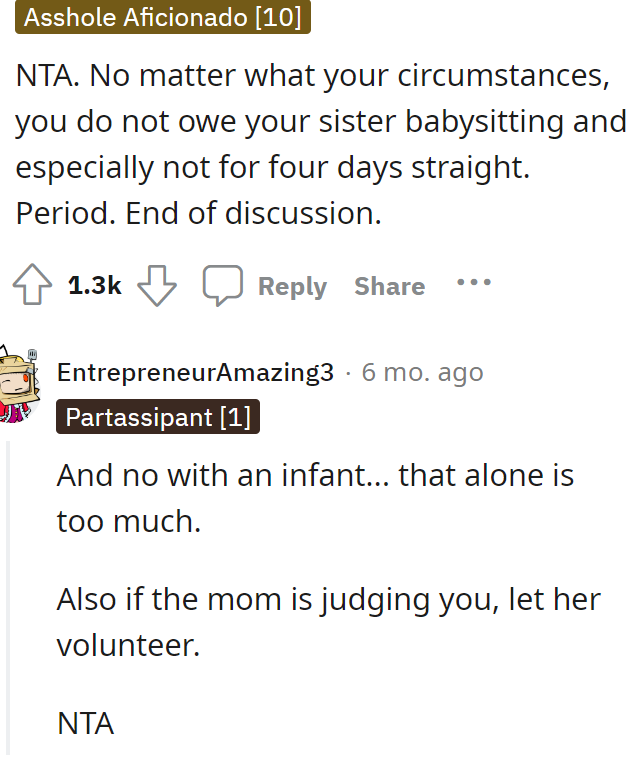 OP does not owe her sister babysitting.